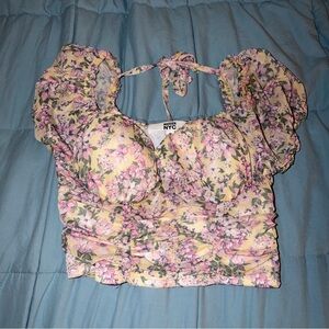 NYC Floral Pink and Green Puff Sleeve Blouse